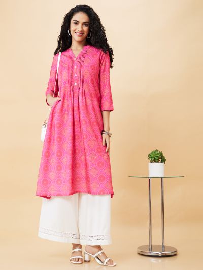 Globus Women Pink Printed Mandarin Collar A-Line Kurta