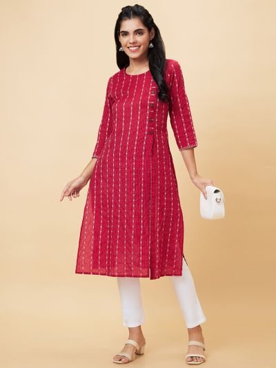 Globus Women Maroon Printed Round Neck A-Line Kurta