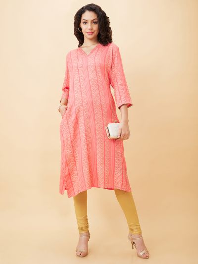 Globus Women Coral Printed V-Neck Straight Kurta