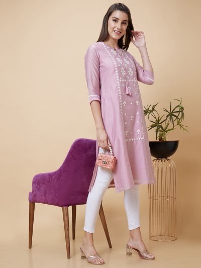 Globus Women Pink Embroidered Tie-Up Neck Straight Kurta