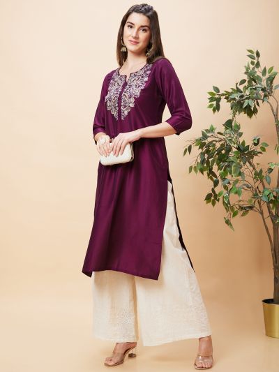 Globus Women Wine Yoke Embroidered Round Neck Straight Kurta