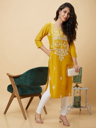 Globus Women Yellow Embroidered Round Neck Festive Straight Kurta