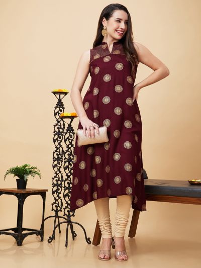 Globus Women Maroon Ethnic Motifs Print Mandarin Collar Sleeveless A-Line Kurta with Pockets