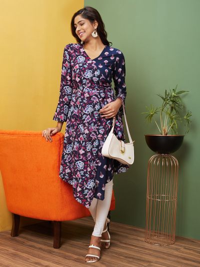 Globus Women Navy Printed V-Neck A-Line Kurta