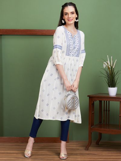 Globus Women Off-White Embroidered Yoke Ethnic Motifs Round Neck Casual A-Line Kurta