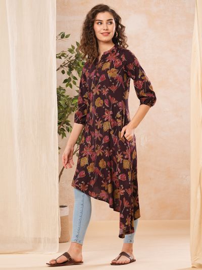 Globus Women Wine Floral Print Asymmetric Hem Mandarin Collar Kurta