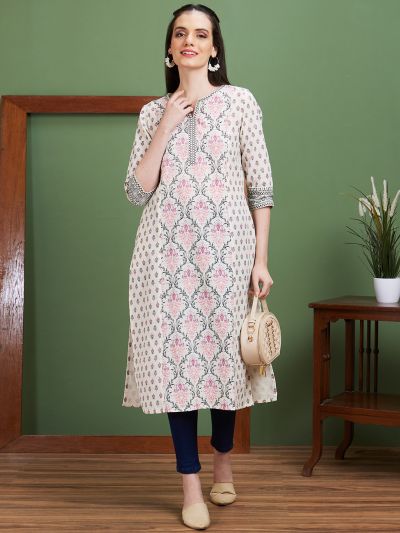 Globus Women Off White Ethnic Motifs Side Slits Panelled Straight Kurta