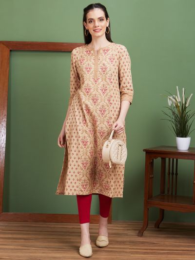 Globus Women Beige Ethnic Motifs Side Slits Panelled Straight Kurta