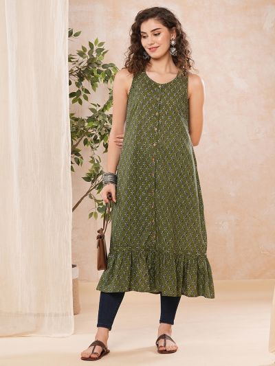 Globus Women Green Ethnic Motifs Flared Hem A-Line Kurta