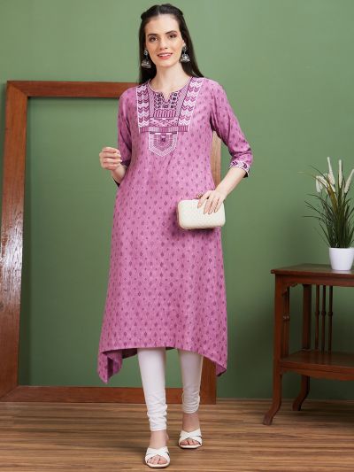 Globus Women Purple Embroidered Yoke Ethnic Motifs Round Neck Casual A-Line Kurta