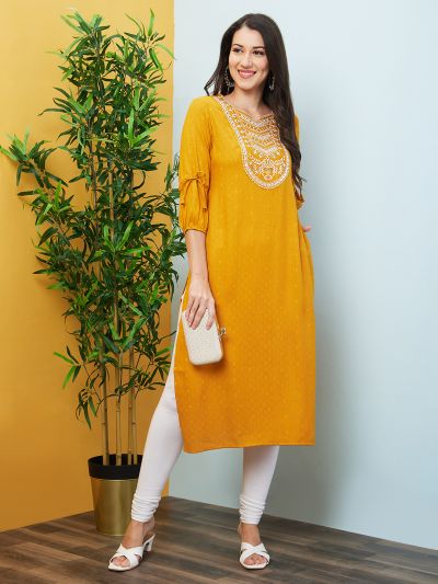 Globus Women Yellow Woven Design Round Neck Embroidered Yoke Straight Kurta