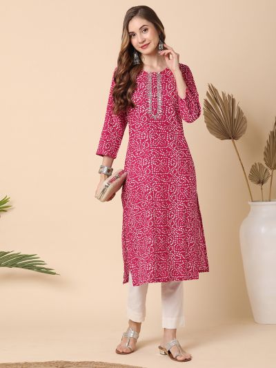 Globus Women Pink Bandhani Print Straight Kurta