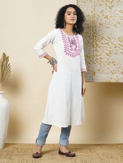 Globus Women White Cotton Thread Work Embroidered Yoke Flared Hem A-Line Workwear Kurta