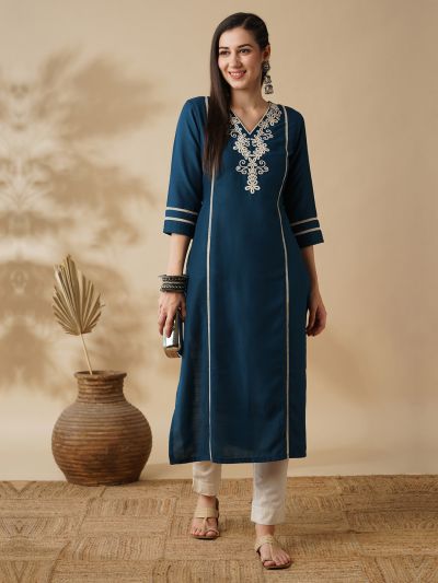 Globus Women Blue V-Neck Embroidered Yoke Panelled Lace Insert Straight Workwear Kurta