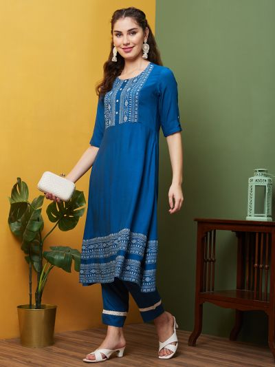 Globus Women Blue Yoke Printed Round Neck A-Line Kurta Set with Trousers