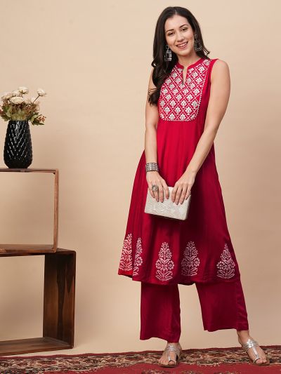 Globus Women Red Embroidered Yoke Panelled A-Line Kurta With Straight Pants