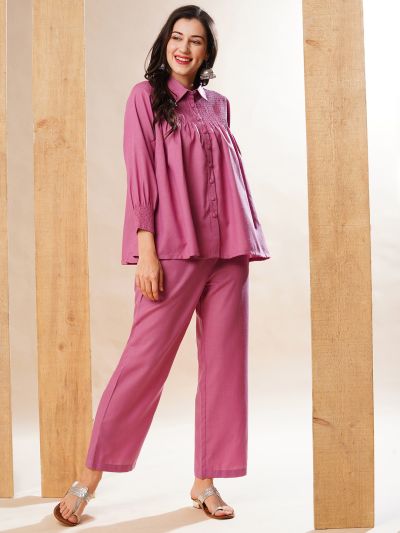 Globus Women Purple Shirt Collar Smocked Yoke Solid Top & Straight Pants Fusion Co-Ord Set