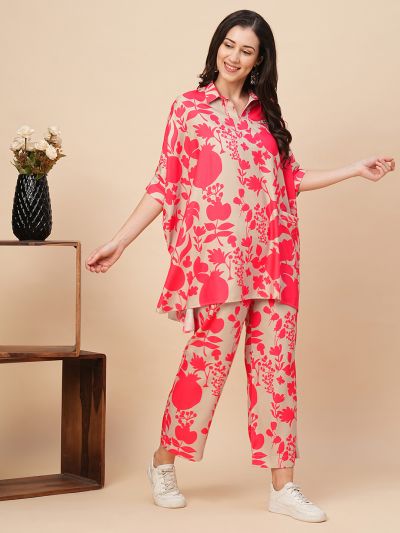 Globus Women Beige & Pink Allover Floral Print Shirt Style Kaftan Top & Trousers Co-Ord Set