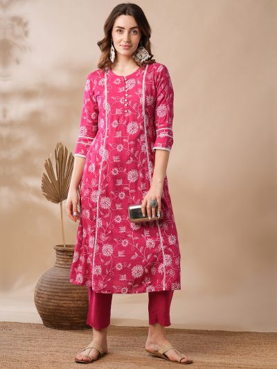 Globus Women Pink Floral Printed Lace Inserts Panelled A-Line Workwear Kurta & Elasticated Pants Set