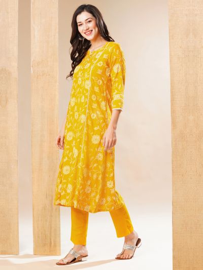 Globus Women Yellow Floral Panelled A-Line Workwear Kurta & Pant Set