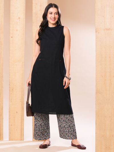 Globus Women Black A-Line Kurta With Printed Palazzos