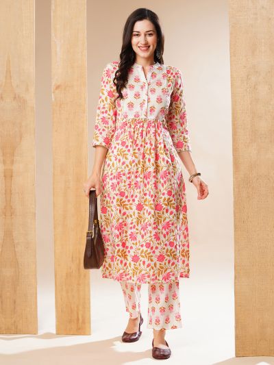 Globus Women Off-White Floral Print Mandarin Collar A-Line Workwear Kurta & Trouser Set