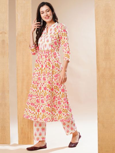 Globus Women Off-White Floral Print Mandarin Collar A-Line Workwear Kurta & Trouser Set