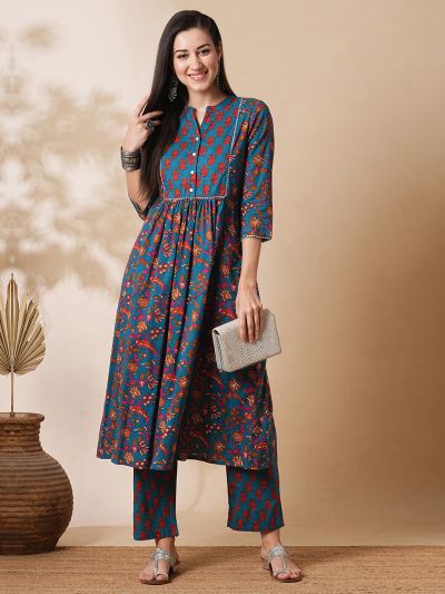 Globus Women Blue Allover Floral Printed Gathered A-Line Workwear Kurta With Straight Trousers Set