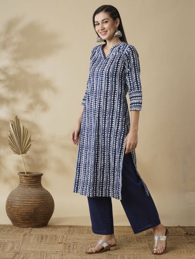 Globus Women Blue Allover Geometric Stripe Printed Straight Workwear Kurta & Trouser Set