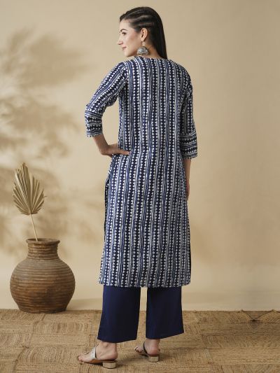 Globus Women Blue Allover Geometric Stripe Printed Straight Workwear Kurta & Trouser Set