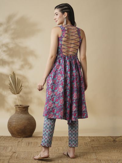 Globus Women Blue Floral Print V-Neck Tie Back A-Line Kurta & Printed Narrow Trouser Set