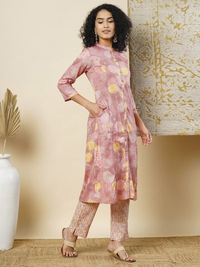 Globus Women Pink Mandarin Collar Abstract Print Panelled A-Line Workwear Kurta & Elasticated Waist Pants Sets