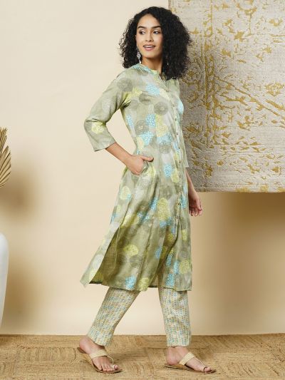 Globus Women Green Mandarin Collar Abstract Print Panelled A-Line Workwear Kurta & Elasticated Waist Pants Sets