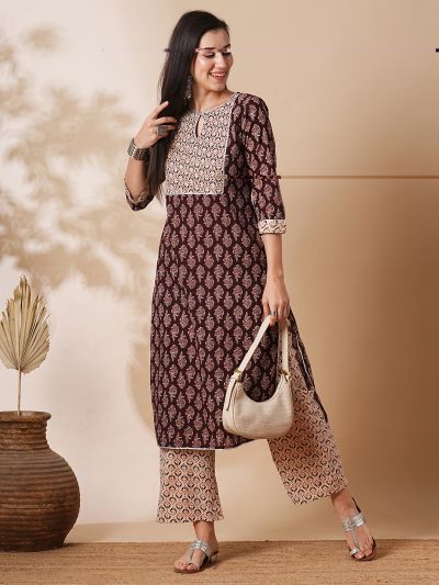 Globus Women Maroon Keyhole Neck Allover Printed Straight Workwear Kurta & Pants Set