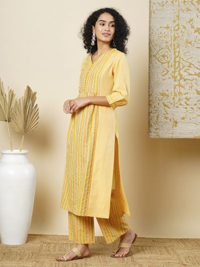 Globus Women Yellow V-Neck Striped Gathered Panelled A-Line Workwear Kurta & Elasticated Pants Set