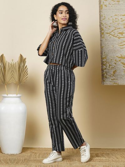 Globus Women Black Striped Floral Printed Drop Shoulder Crop Shirt & Elasticated Trousers Fusion Co-Ord Set