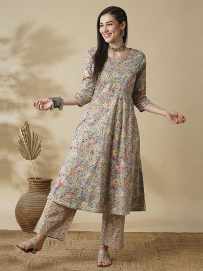 Globus Women Green Allover Floral Printed Panelled A-Line Workwear Kurta & Printed Trouser Set