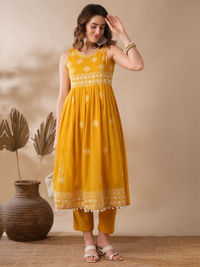 Globus Women Mustard Floral Embroidered Pleated High-Slit Pom Pom Hem A-Line Festive Kurta & Pants Set