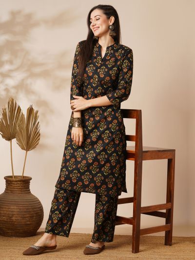 Globus Women Black Mandarin Neck Floral Block Print Straight Kurta With Printed Elasticated Pants Workwear Set