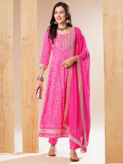 Globus Women Pink Embroidered Yoke Floral Anarkali Festive Kurta & Trouser set