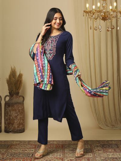 Globus Women Blue Embroidered Yoke A-Line Kurta, Pants & Multicolor Bandhani Print Dupatta Festive Set