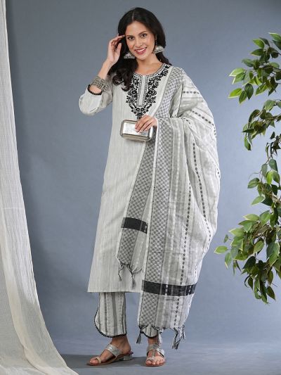 Globus Women White Embroidered Yoke Straight Workwear Kurta With Pants & Tasselled Dupatta Set