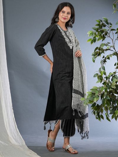 Globus Women Black Embroidered Yoke Straight Workwear Kurta With Pants & Tasselled Dupatta Set