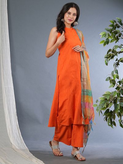 Globus Women Orange Halter Neck Calf Length A-Line Workwear Kurta With Pants & Multicolor Dupatta Set