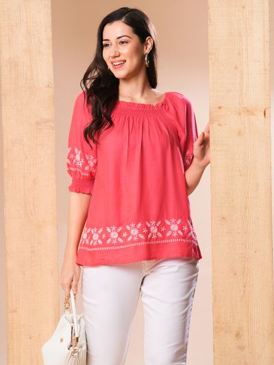 Globus Women Coral Smocked Square Neck Puff Sleeves Embroidered Tunic