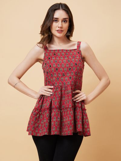 Globus Women Red Square Neck Floral Print Strappy Peplum Fusion Tunic
