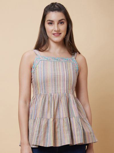 Globus Women Multicolour Stripes Embroidered Strappy Casual Tiered Tunic