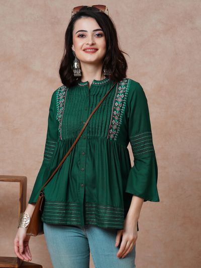 Globus Women Green Embroidered & Accordion Pleats Yoke Mandarin Collar Bell Sleeves A-Line Tunic