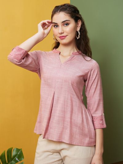 Globus Women Pink Embroidered Mandarin Collar Flared Hem A-Line Tunic