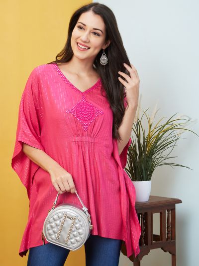 Globus Women Pink Embroidered & Striped Asymmetric Hem Kaftan Tunic 